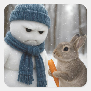Adesivo Quadrado Boneco de Neve de Natal Mal-Humorado Com um Coelho