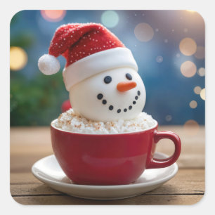 Adesivo Quadrado Boneco de Neve de Natal no Cacau Quente