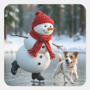 Adesivo Quadrado Boneco de Neve de Natal Patinando Com Cachorro