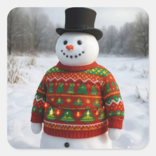 Adesivo Quadrado Boneco de Neve de Natal Vestindo uma Suéter Feia