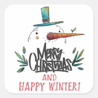 Adesivo Quadrado Boneco de Neve Desenhado à Mão Artístico Feliz Nat