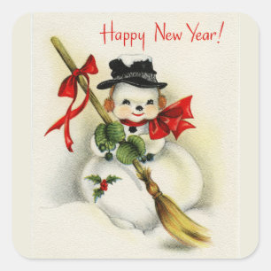 Adesivo Quadrado Boneco de neve do feliz ano novo do vintage