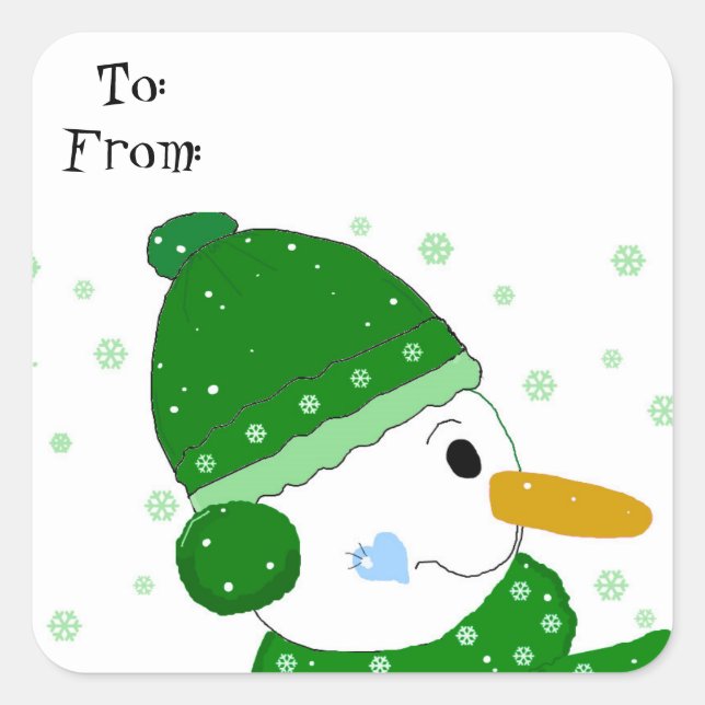 Adesivo Quadrado Boneco de Neve Fofo com Chapéu e Cachecol Verde (Frente)