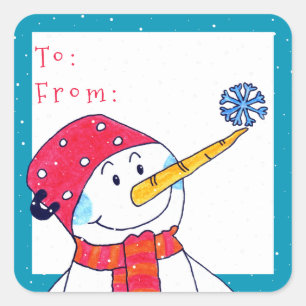 Adesivo Quadrado Boneco de Neve Fofo com Presente de Natal de Floco