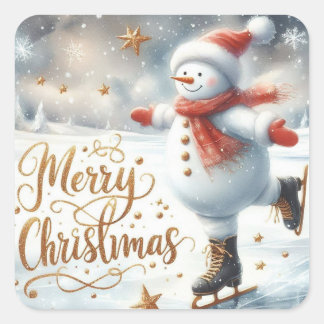 Adesivo Quadrado Boneco de Neve Patinando Feliz Natal
