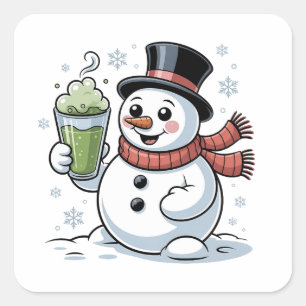 Adesivo Quadrado Boneco de Neve Segurando Bebida de Matcha Natal