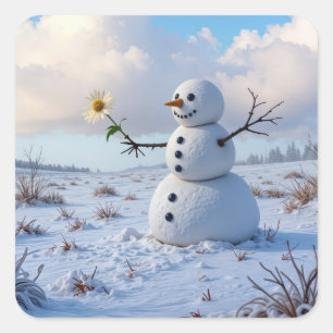 Adesivo Quadrado Boneco de Neve Segurando uma Margarida Branca