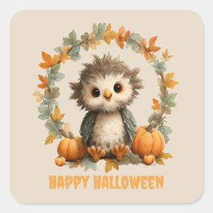 Adesivo Quadrado Bonita Coruja Pumpkin Feliz Design de Halloween