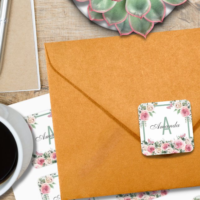 Adesivo Quadrado Bonita Design de Floral Monograma (Criador carregado)