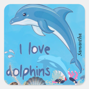 Adesivo Quadrado Bonita e Colorida l Love Dolphins cita o nome