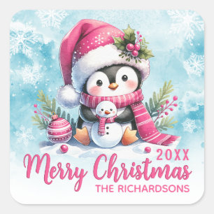 Adesivo Quadrado Bonita Família Pinguim Nome Rosa Feliz Feliz Natal