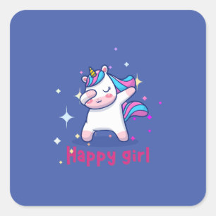 Adesivo Quadrado Bonita Kawaii Colorida Rainbow Unicorn Happy Girl