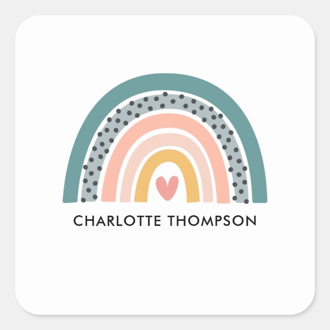 Adesivo Quadrado Bonita Mão Desenhada Boho Arco-Íris Personalizado (Frente)