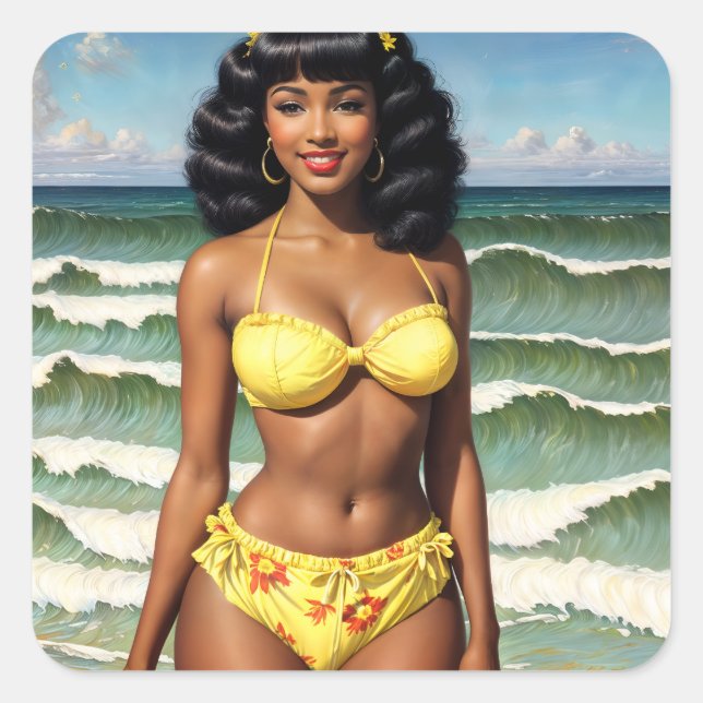 Adesivo Quadrado Bonita Menina Negra Pinup Melanin Model (Frente)