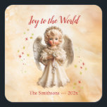 Adesivo Quadrado Bonita Vintage Angel Christmas<br><div class="desc">Um lindo e encantador anjo infantil da porcelana é fotografado em um fundo de creme e água dourada com um borrifo de estrelas de Natal. "Joy to the World" está em um roteiro vermelho contrastante que você pode mudar se preferir outra frase. Certifique-se de editar o nome da família e...</div>