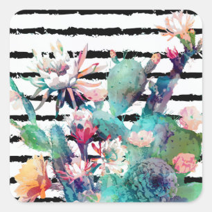 Adesivo Quadrado Bonito aquarela cactus floral e listras design