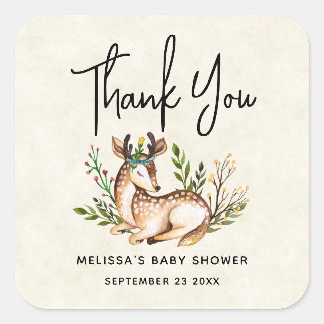 Adesivo Quadrado Bonito Aquarela com veado para baixo (Frente)