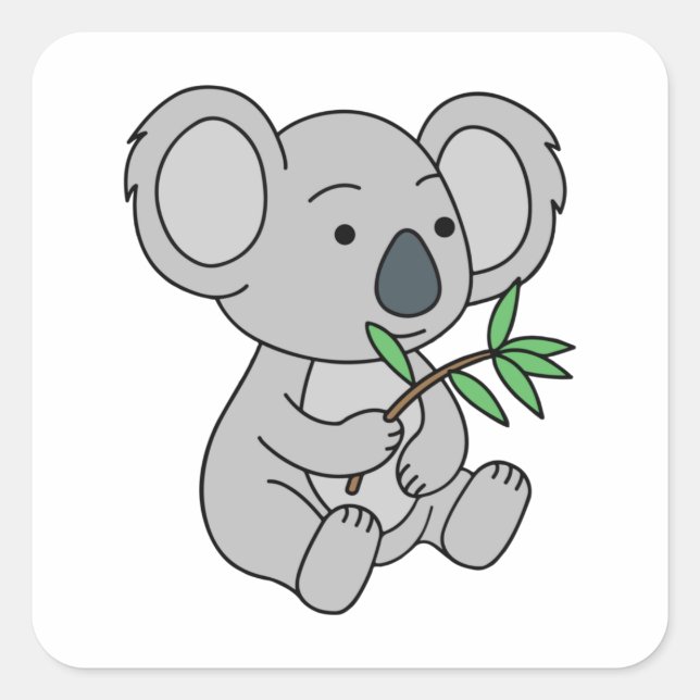 Adesivo Quadrado Bonito Bebê Koala Com Folhas De Eucalyptus (Frente)