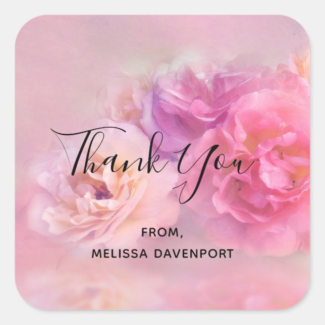 Adesivo Quadrado Bonito Carnações Rosa Foto Na moda do Obrigado (Frente)