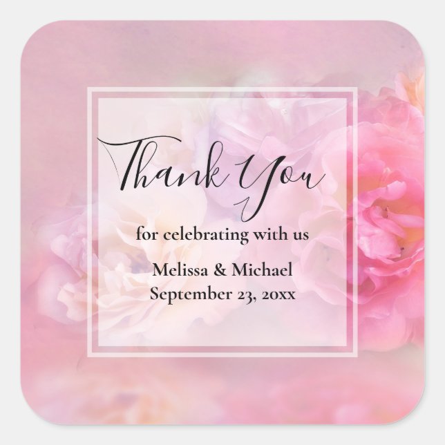 Adesivo Quadrado Bonito Carnações Rosa Foto Na moda do Obrigado (Frente)