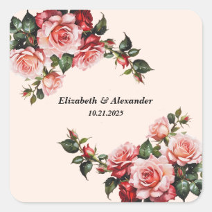 Adesivo Quadrado Bonito casamento rosa e rosa vermelha