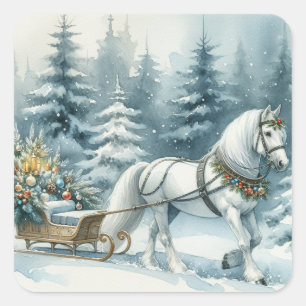 Adesivo Quadrado Bonito Cavalo de inverno e um Sleigh de Natal