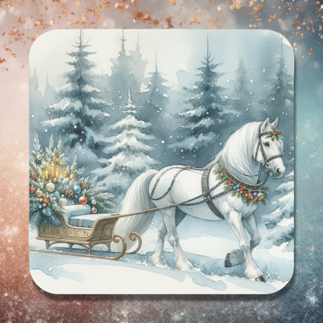 Adesivo Quadrado Bonito cena de inverno com Cavalo Branco na neve (Criador carregado)