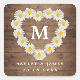 Adesivo Quadrado Bonito Daisies Monograma Casamento Madeira Rústica