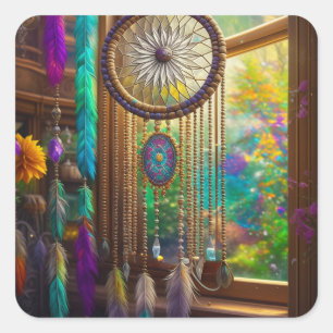 Adesivo Quadrado Bonito Dreamcatcher no Boho Roxo da Janela