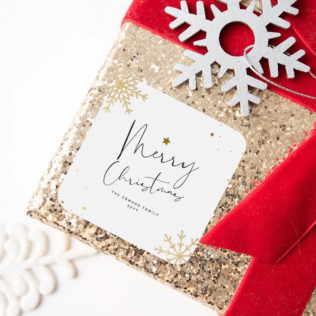 Adesivo Quadrado Bonito Elegante Dourado Floco de Neve Feliz Natal (Criador carregado)