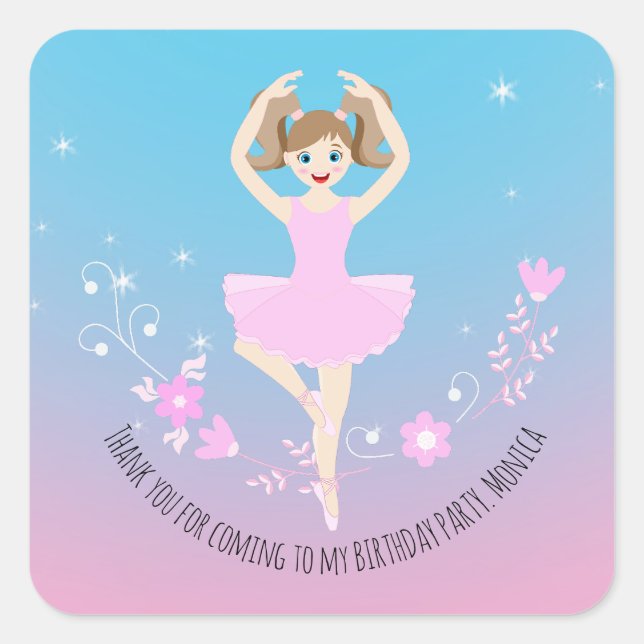 Adesivo Quadrado Bonito Festa de aniversário da garota Ballerina (Frente)
