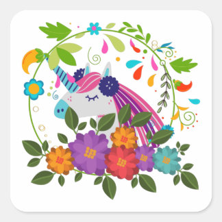 Adesivo Quadrado Bonito flores cor-de-rosa no Natal do Unicórnio