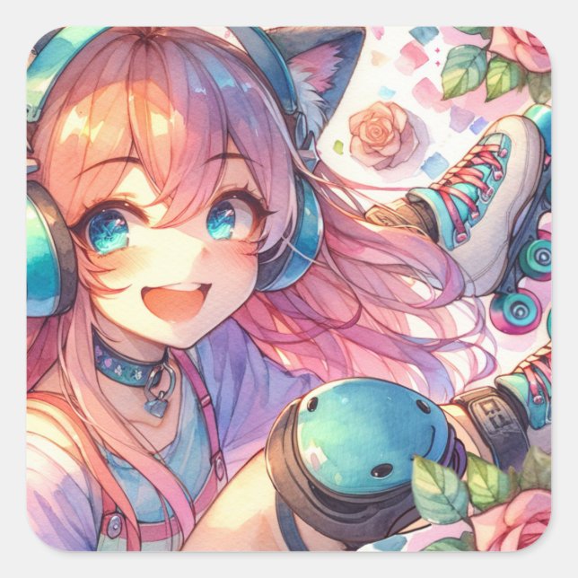 Adesivo Quadrado Bonito garota de animação na Festa de aniversário  (Frente)