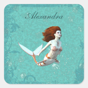 Adesivo Quadrado Bonito Koi Mermaid Nadando Submarino
