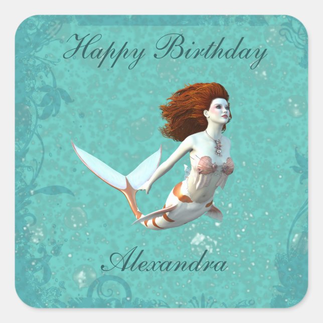 Adesivo Quadrado Bonito Koi Mermaid Nadando Submarino (Frente)