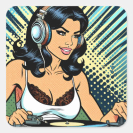 Adesivo Quadrado Bonito Mulher Deejay Jamming Pop Art
