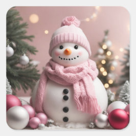 Adesivo Quadrado Bonito Pink Christmas Snowman