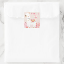 Adesivo Quadrado Bonito primeiro aniversario Rosa De Diversão Llama