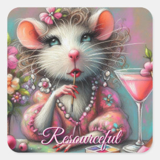 Adesivo Quadrado Bonito Rat Lady Tendo um Martini Contemplando