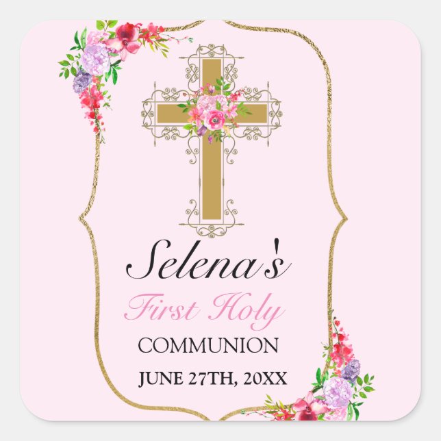 Adesivo Quadrado Bonito Rosa Floral Girls 1rua Comunhão Santa (Frente)