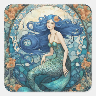 Adesivo Quadrado Bonito Sereid Art Nouveau Art Deco Azul
