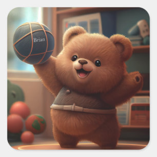 Adesivo Quadrado Bonito Urso Jogando Basquete Personalizado