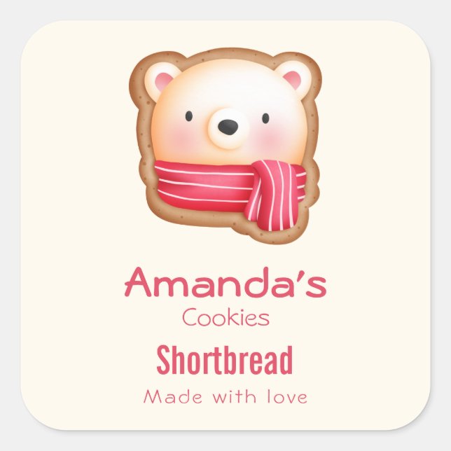 Adesivo Quadrado Bonito Urso Rosto num Biscoito de Natal Vermelho (Frente)