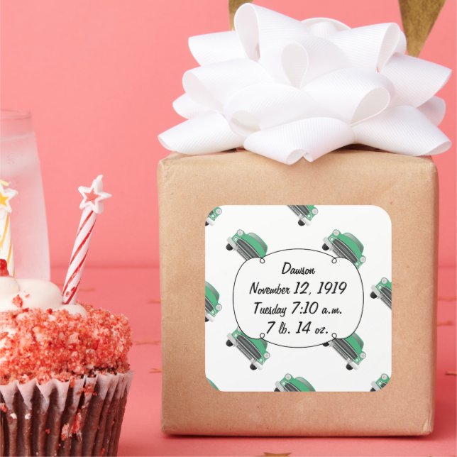 Adesivo Quadrado Bonitos presentes de bebê de carro retrô verde (Festa)