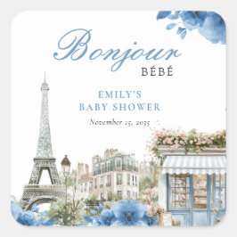 Adesivo Quadrado Bonjour Bebe French Blue Baby Shower