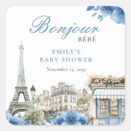 Adesivo Quadrado Bonjour Bebe French Blue Baby Shower