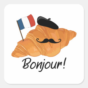 Adesivo Quadrado Bonjour French Croissant - França Comida Engraçada