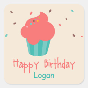 Adesivo Quadrado Bons desejos de aniversário do Cupcake