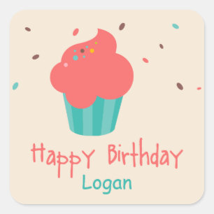 Adesivo Quadrado Bons desejos de aniversário do Cupcake