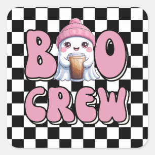Adesivo Quadrado Boo Crew Ghost Rosa com Café Físico Personalizado